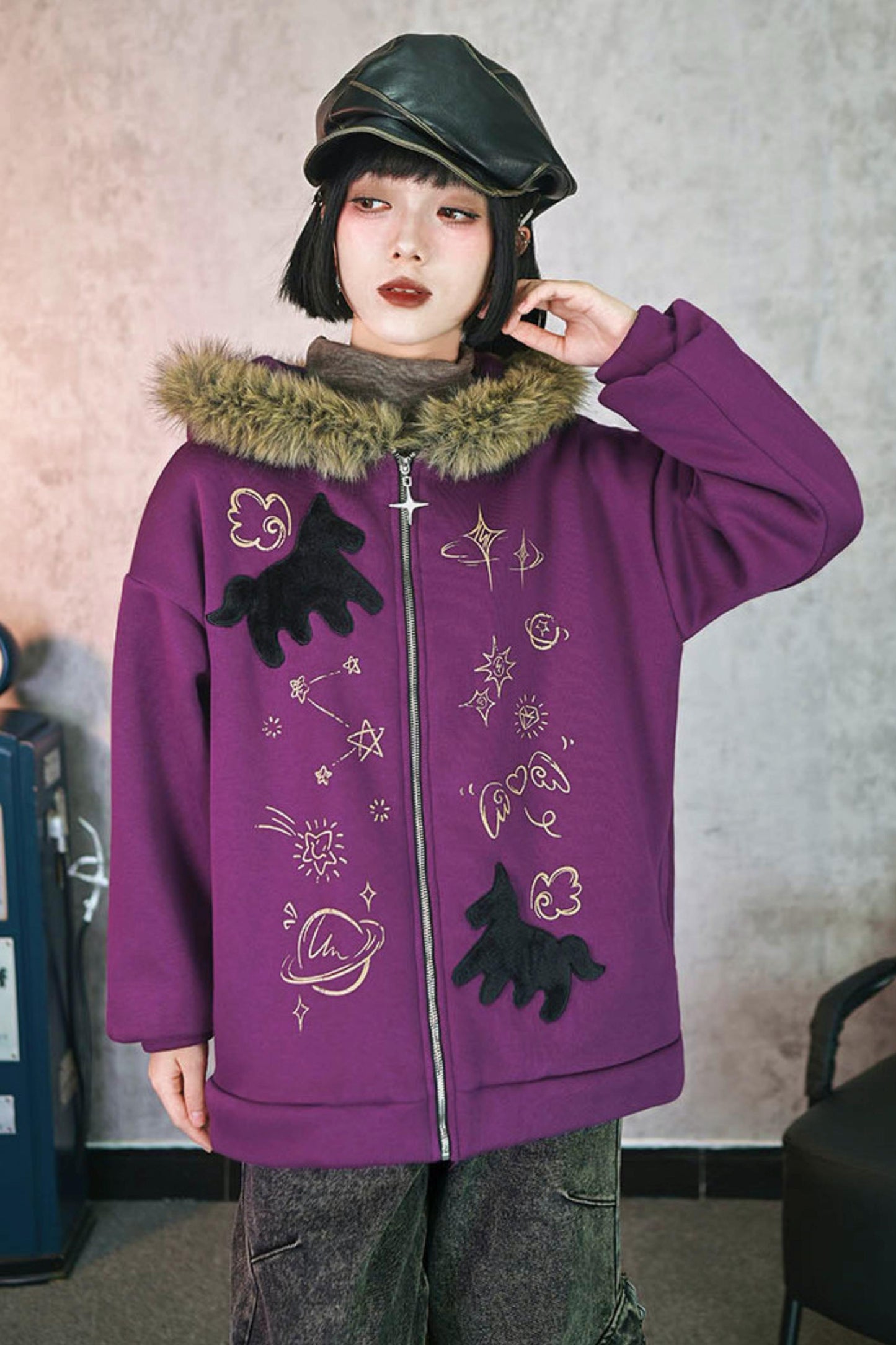 グラフィティファーカラーフーデッドフリースジャケット