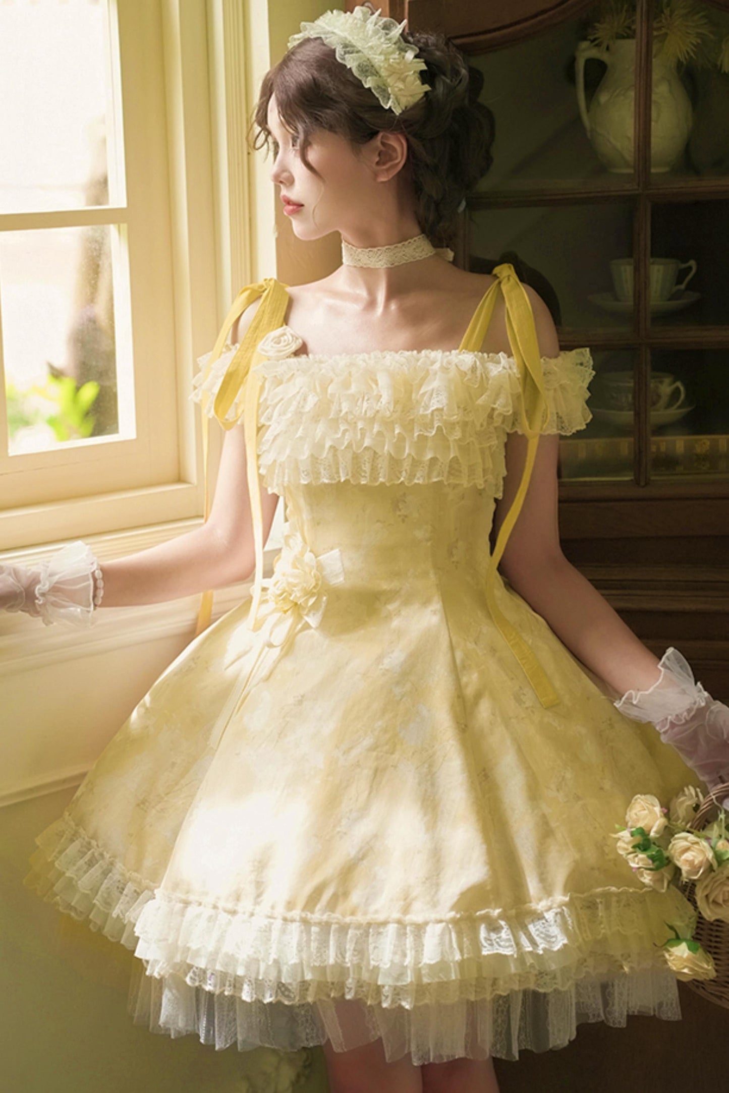 Romantic flower Lolita dress + jumper skirt + cardigan + hair accessories