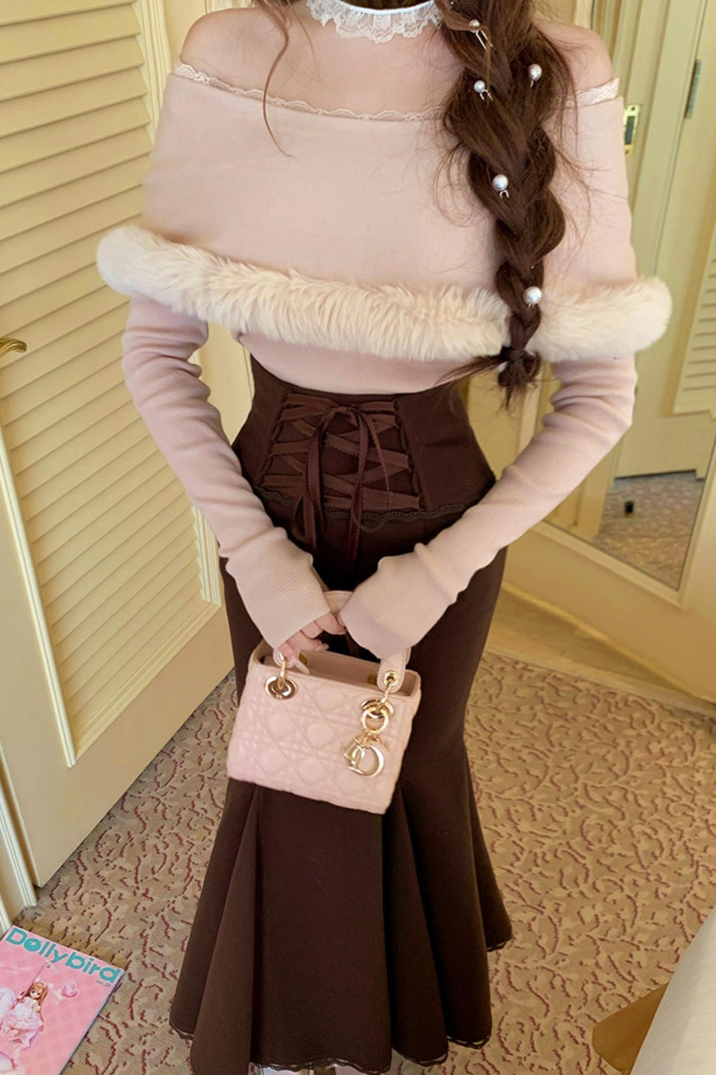 Elegant off-the-shoulder knit + mermaid skirt