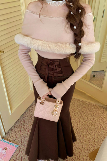 Elegant off-the-shoulder knit + mermaid skirt