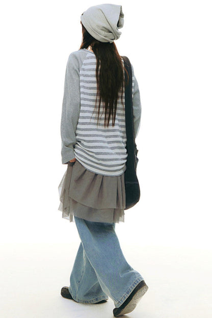 ボタンボーダーオフショルダートップス