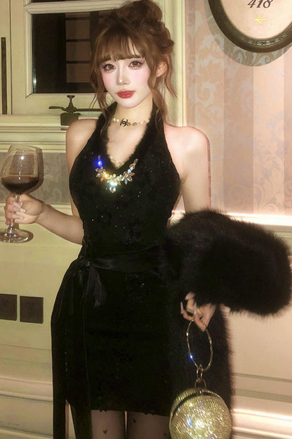 French mode tight dress + fur coat