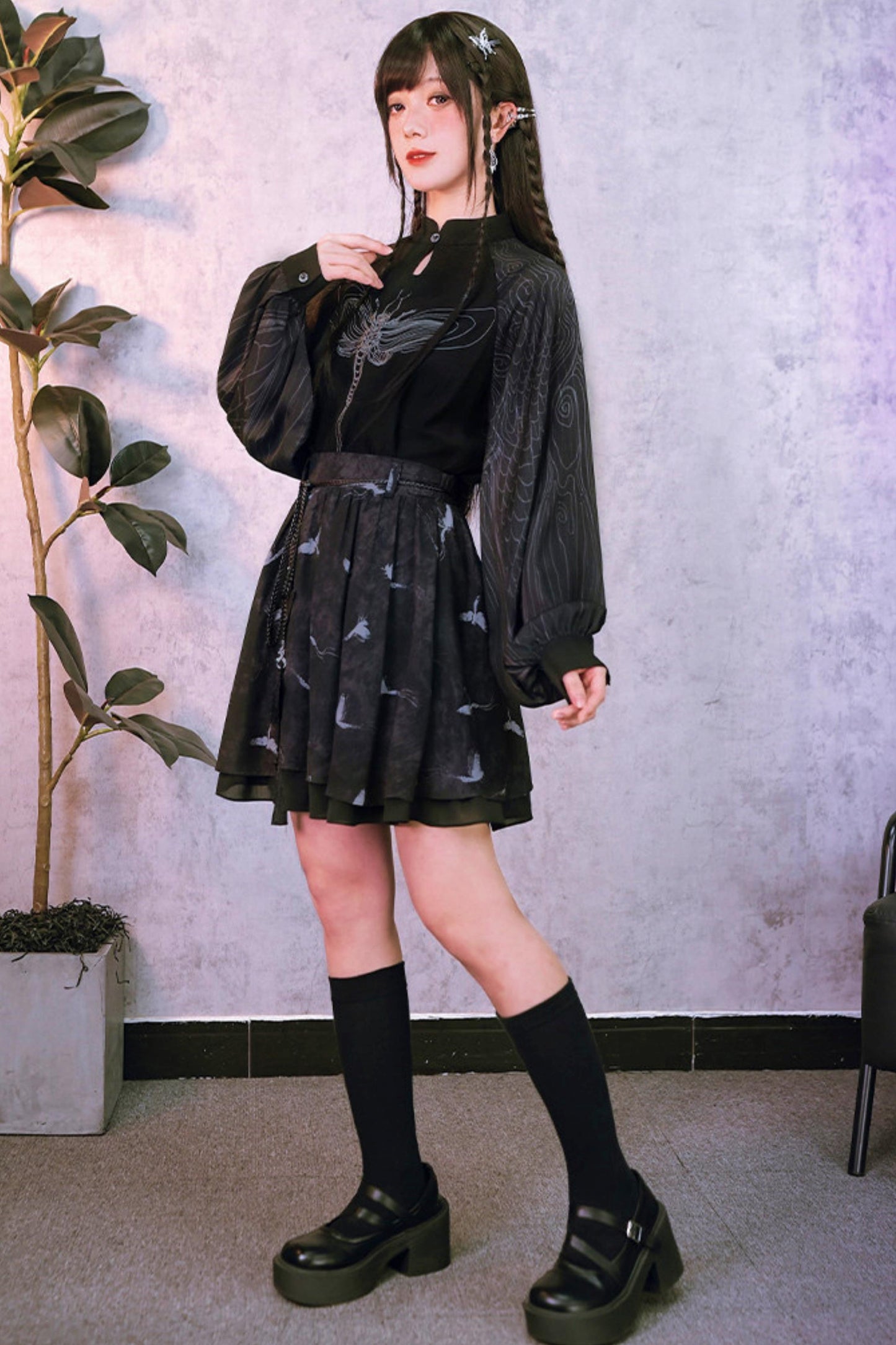 Embroidered Lantern Sleeve Top and Skirt + Top