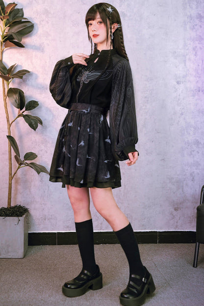 Embroidered Lantern Sleeve Top and Skirt + Top