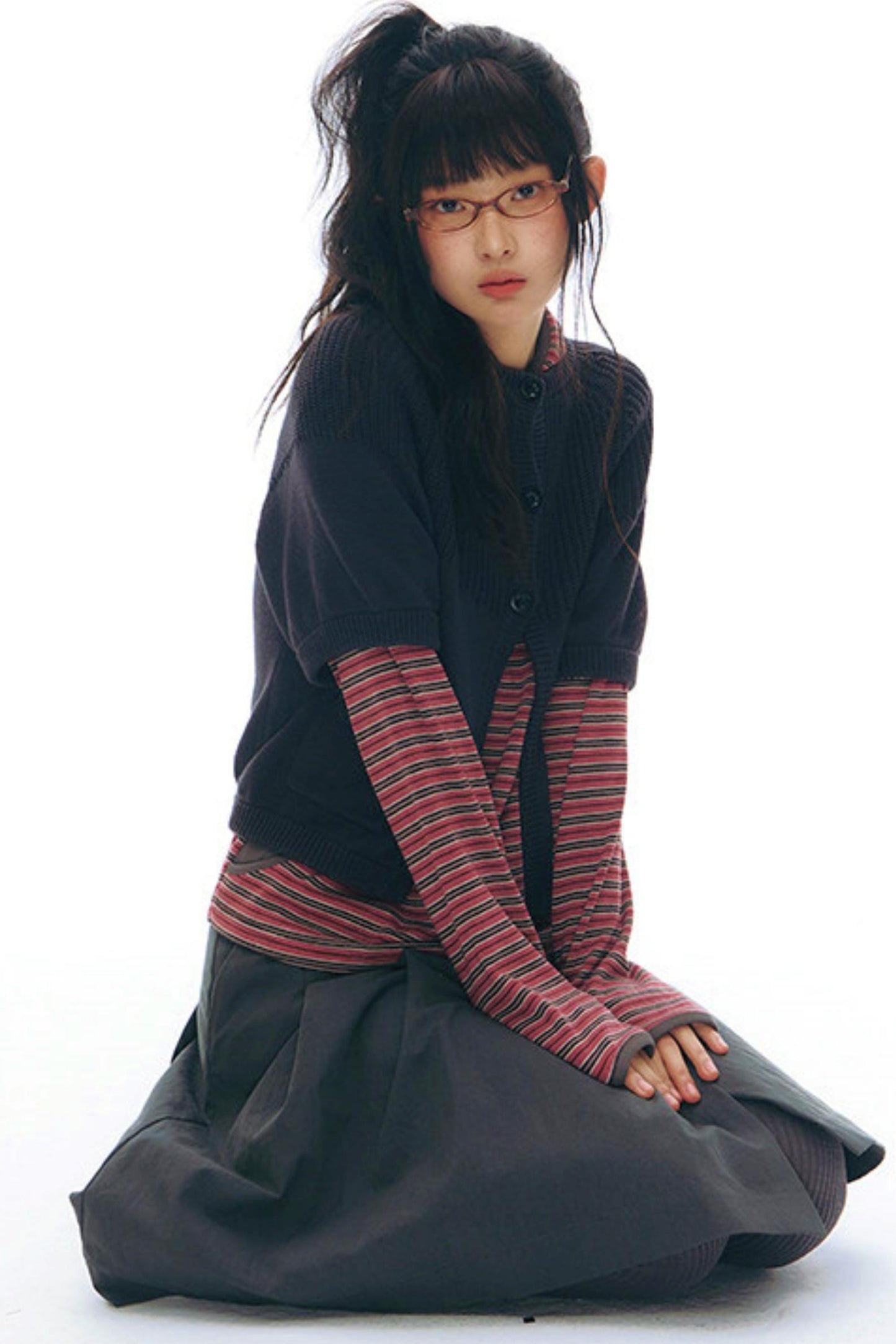 ストライプドフーデッドニットトップス