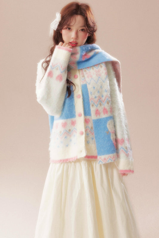Sweet Fair Isle Sweater Cardigan + Scarf