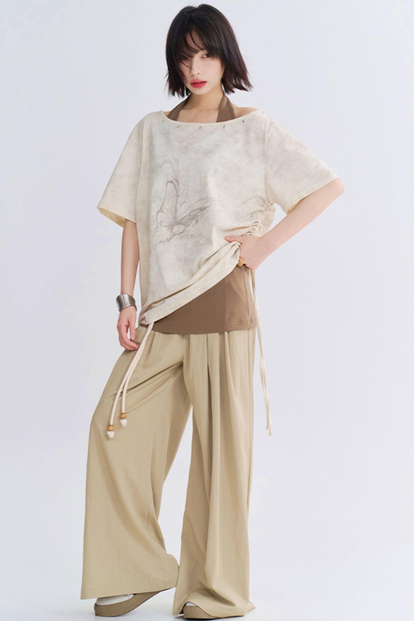 Wide Neck Butterfly Print Tee Shirt