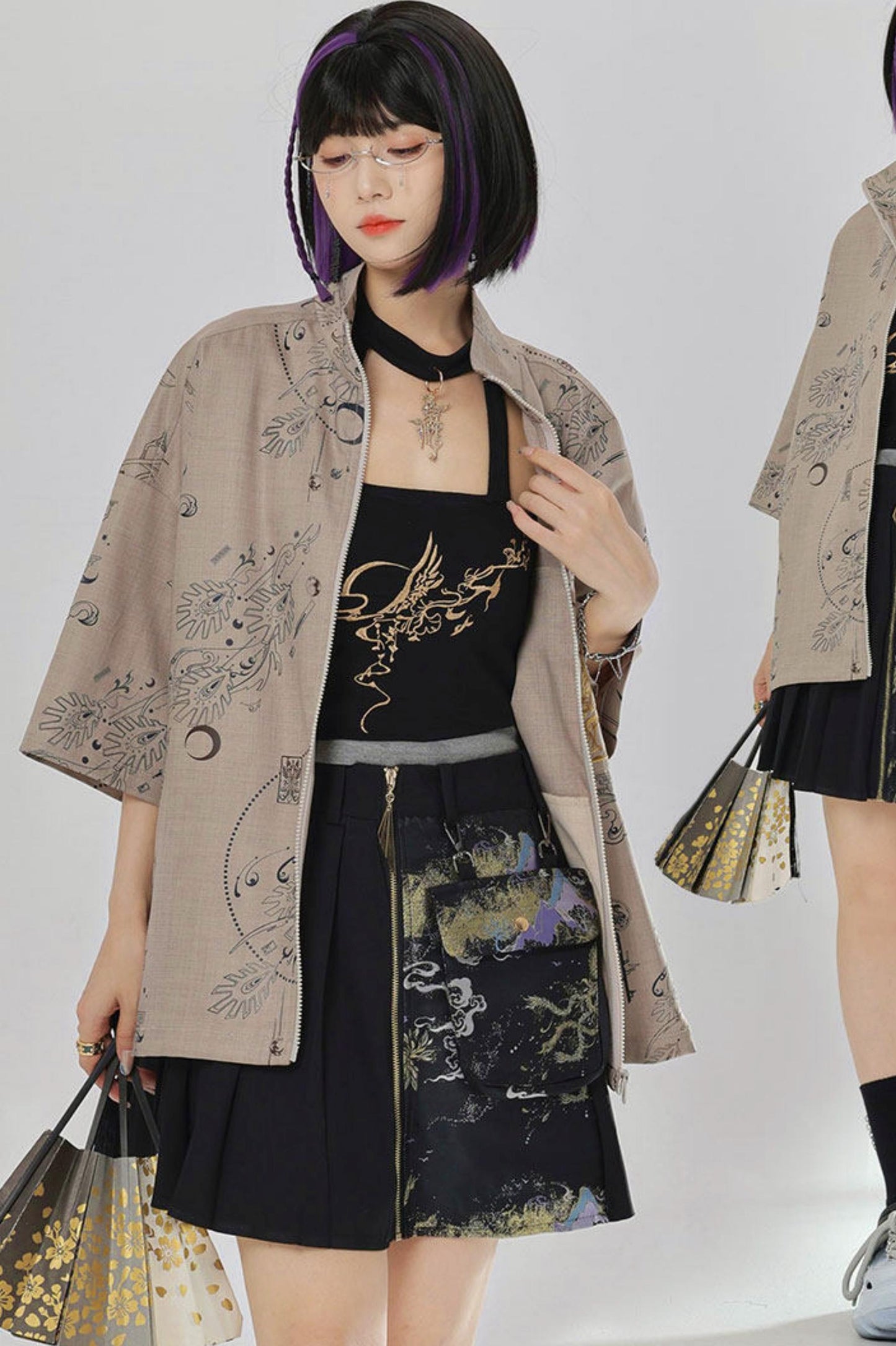 Gold Dragon Embroidered Choker Top (with Cups) + Chinese-Style Wide-Leg Pants