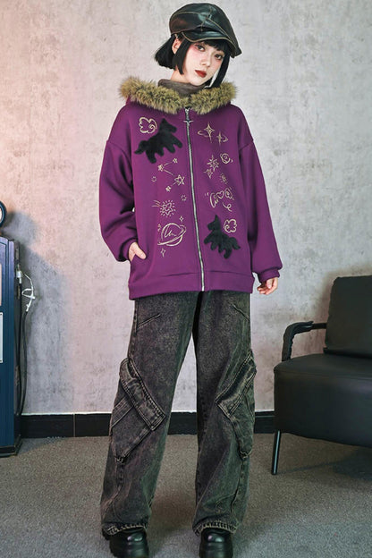 グラフィティファーカラーフーデッドフリースジャケット