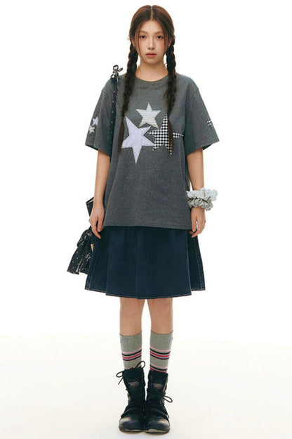 Pleated Denim A-Line Skirt