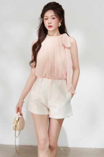 Pink Chiffon Halter Sleeveless Shirt