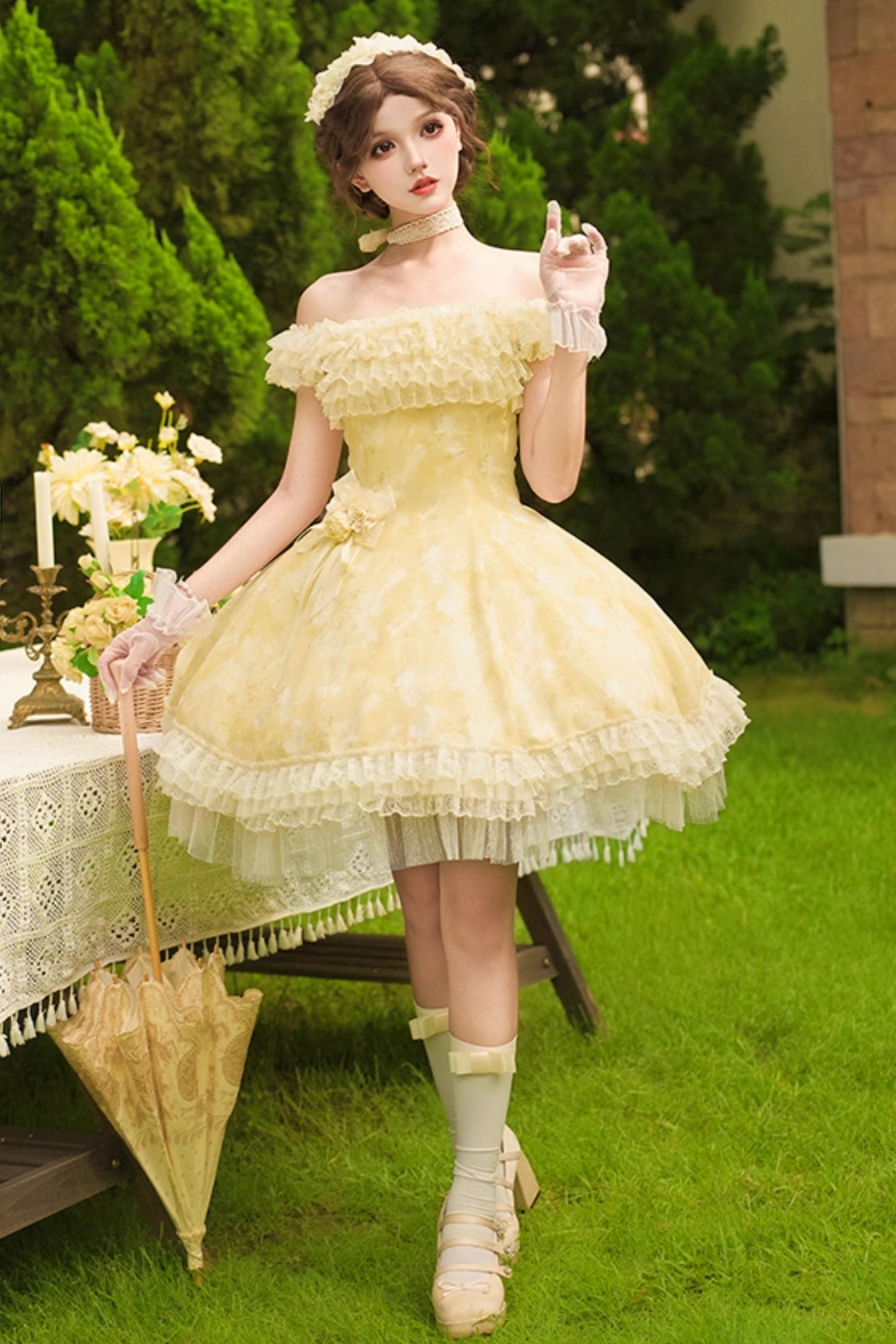 Romantic flower Lolita dress + jumper skirt + cardigan + hair accessories