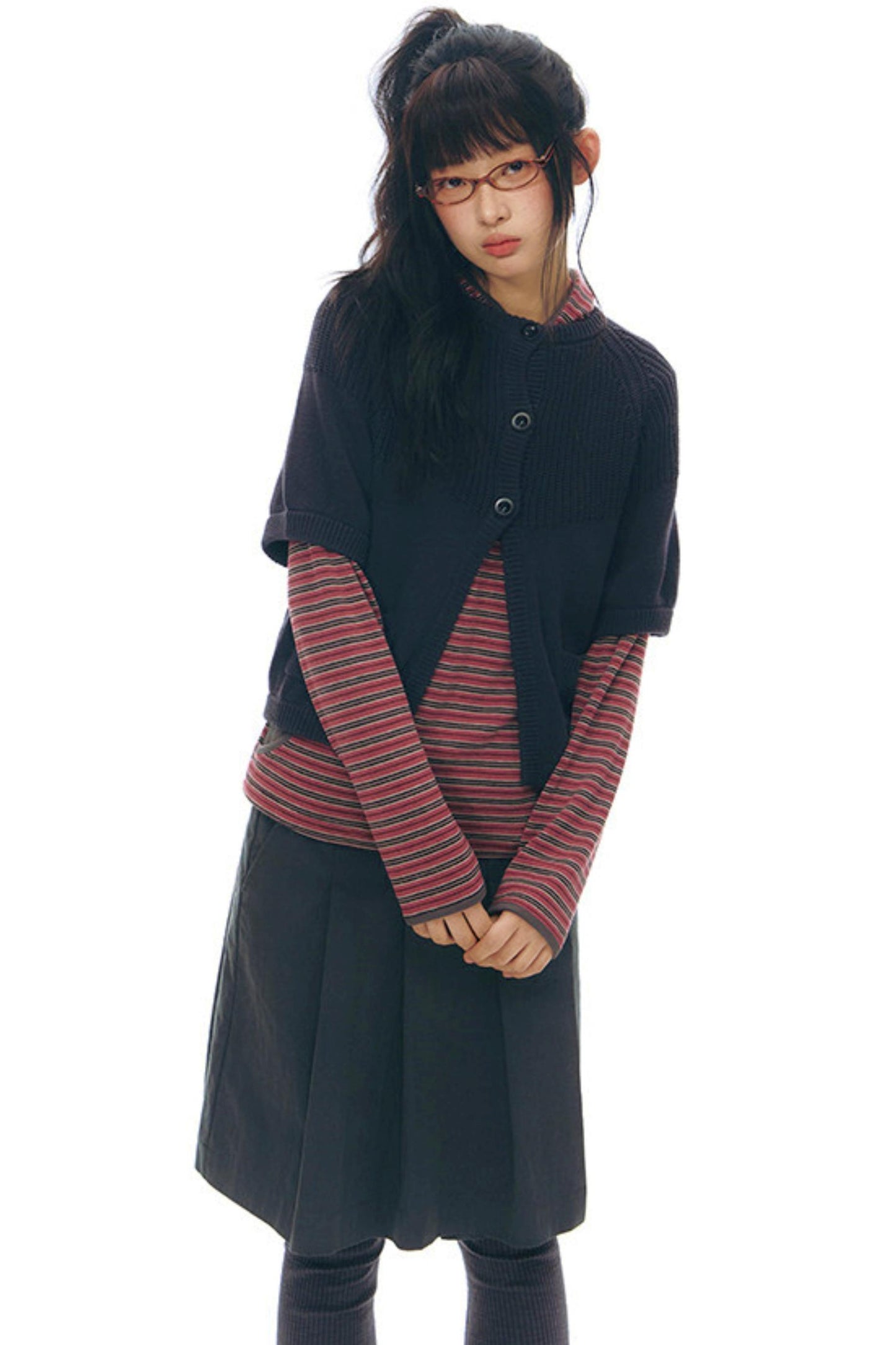 ストライプドフーデッドニットトップス