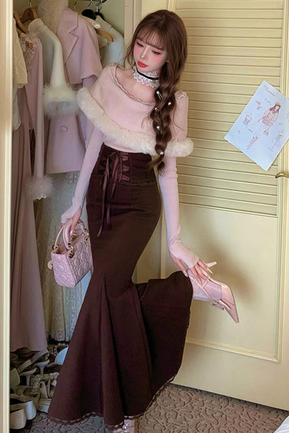 Elegant off-the-shoulder knit + mermaid skirt