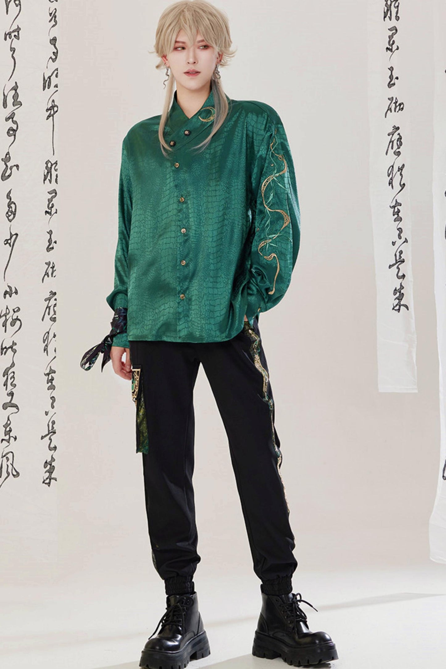 Jade Moon Dragon Embroidered Chinese Shirt + Moon Pocket Pants