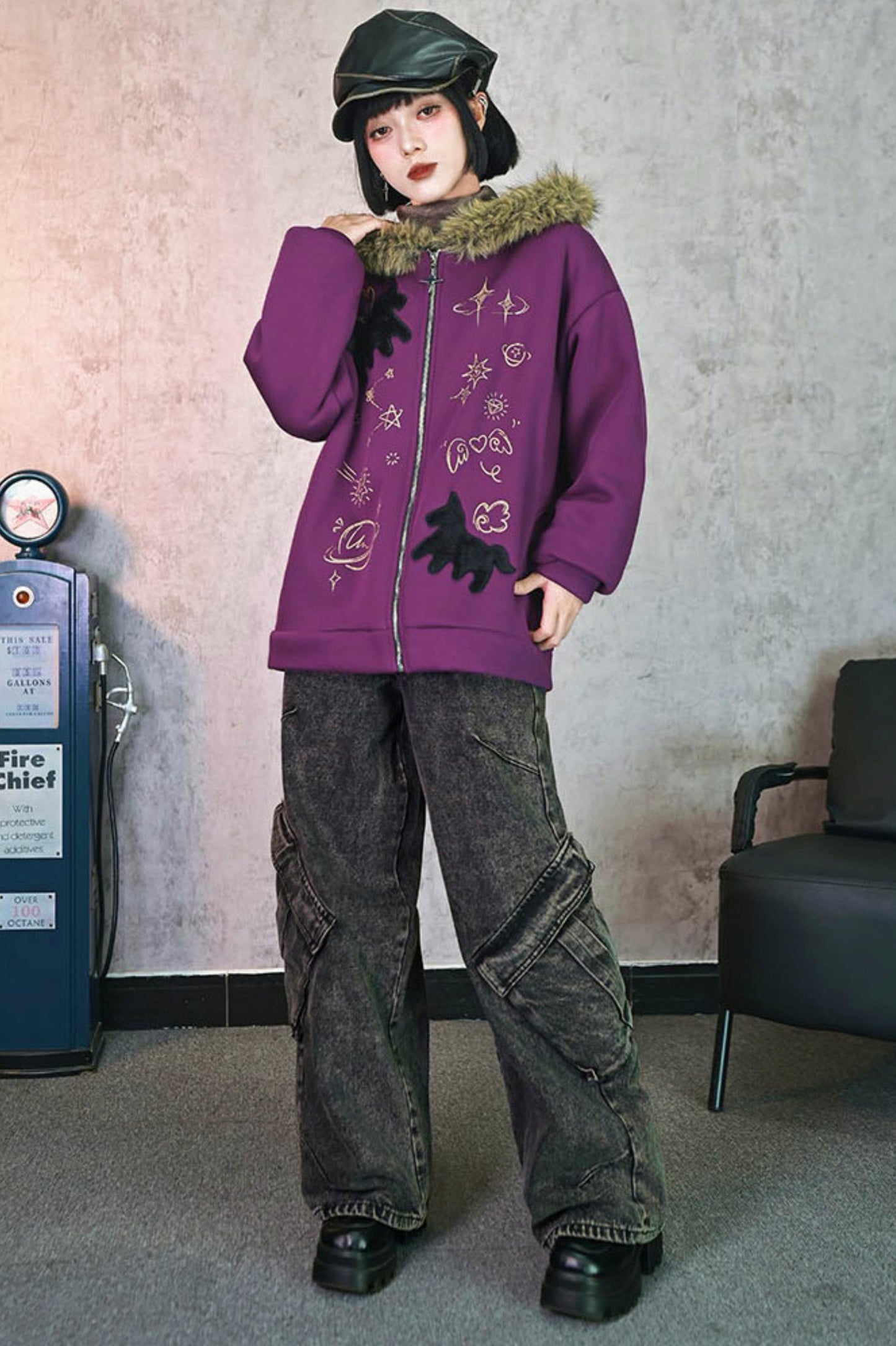 グラフィティファーカラーフーデッドフリースジャケット