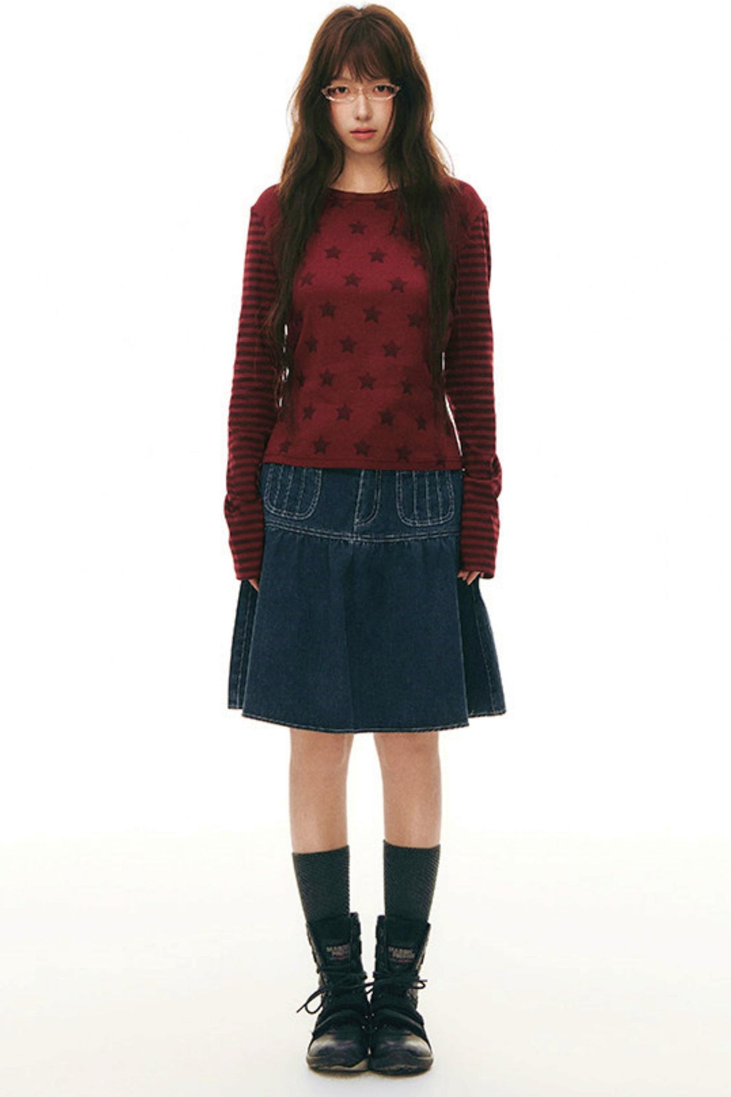 Pleated Denim A-Line Skirt
