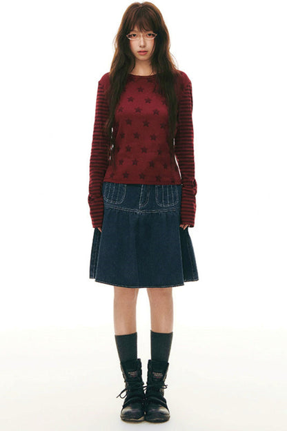 Pleated Denim A-Line Skirt