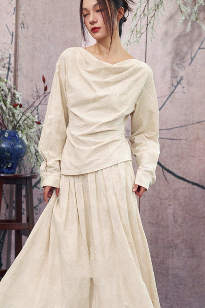 Ensemble élégant haut ample drapé en jacquard blanc cassé + jupe
