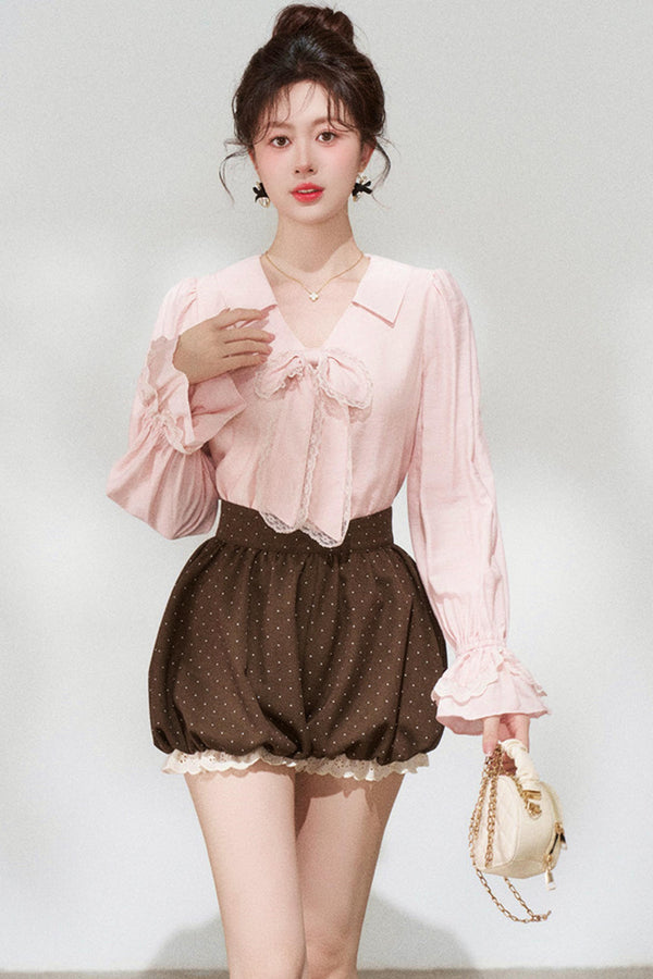 ピンクスイートブラウス+ショートパンツ