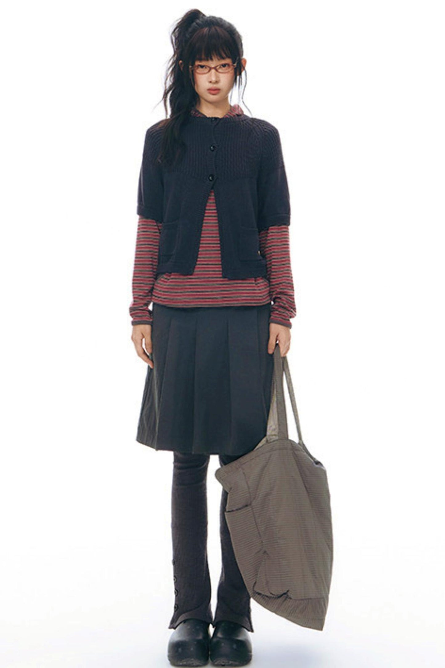 ストライプドフーデッドニットトップス