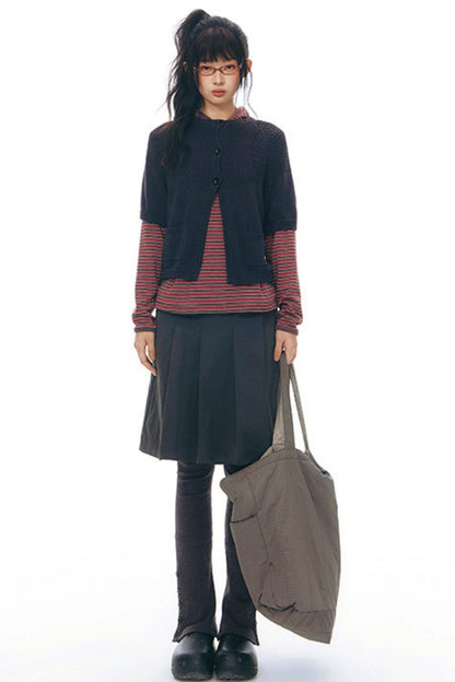 ストライプドフーデッドニットトップス