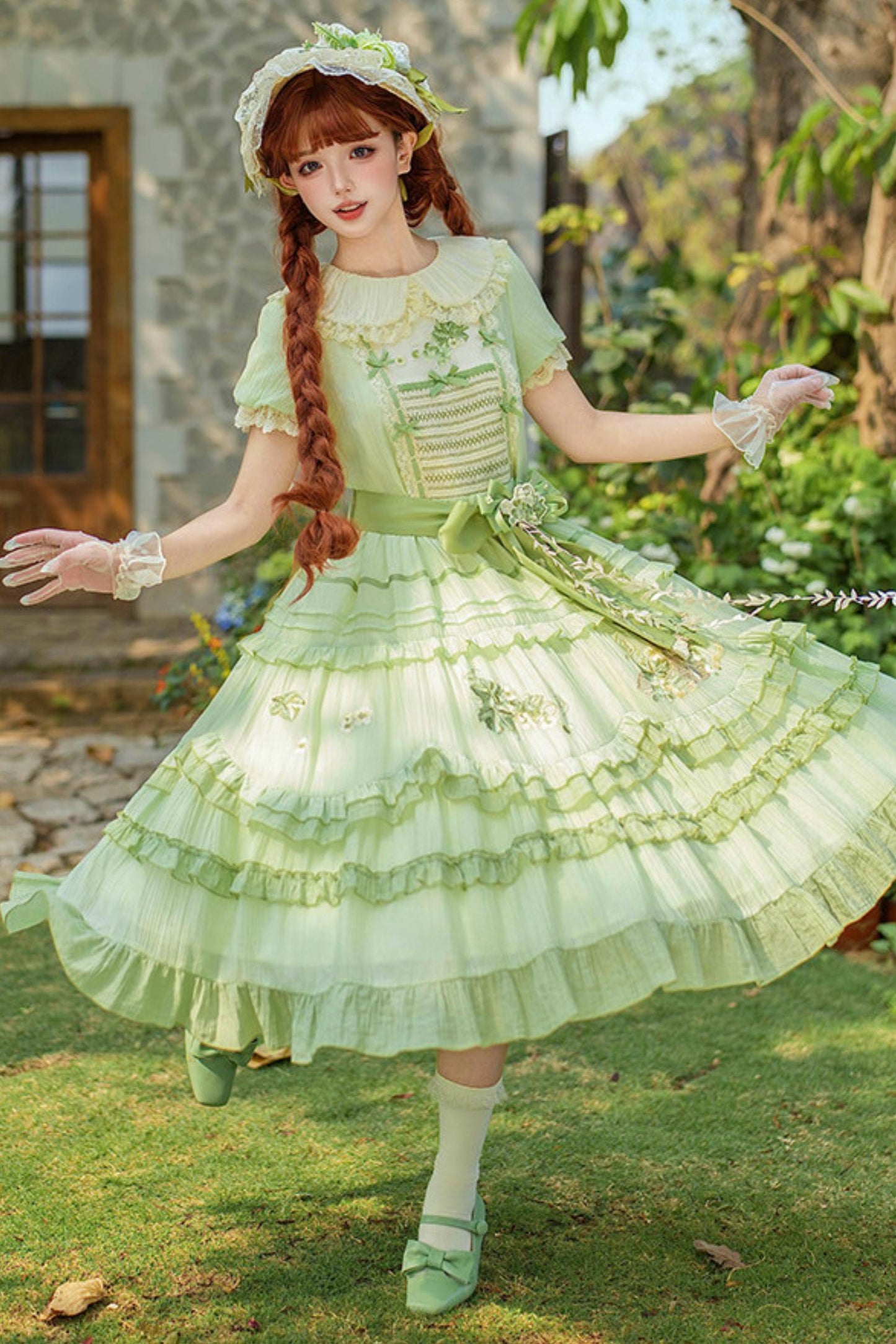 Green Embroidered Lolita One-Piece Dress + Cardigan + Hat + Belt + Accessories