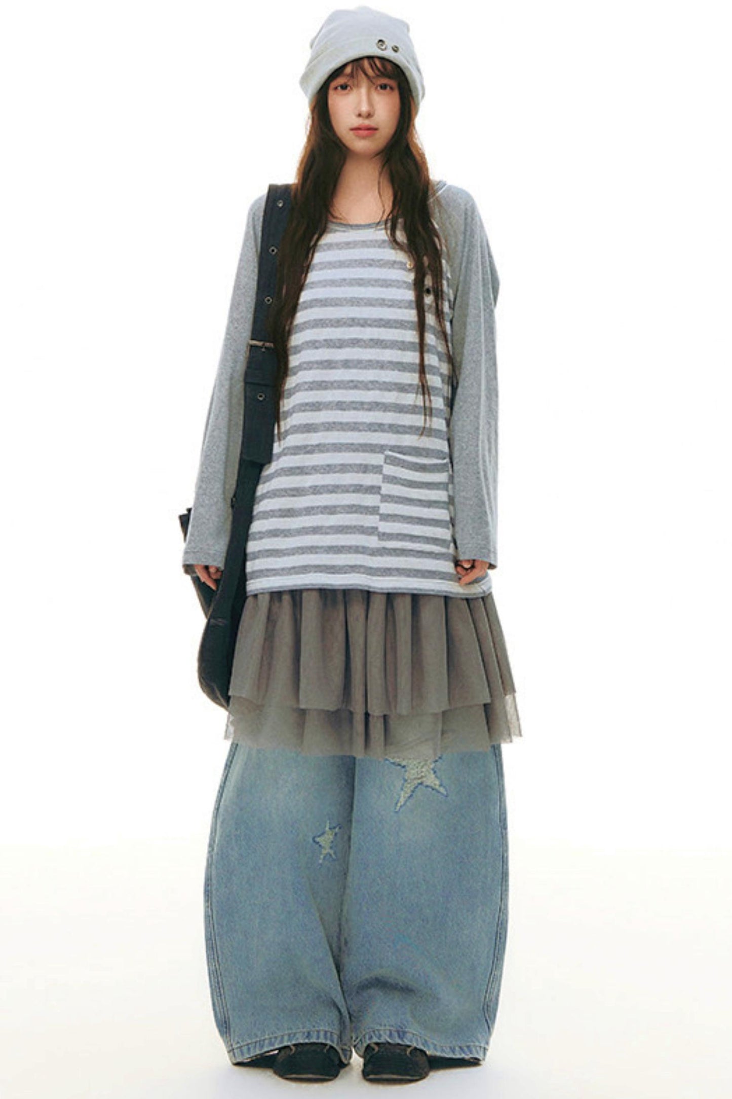 ボタンボーダーオフショルダートップス