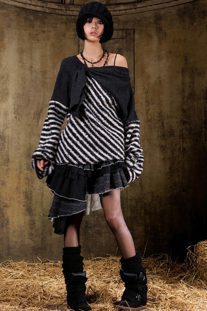 カラーブロックドストライプドニットセーター