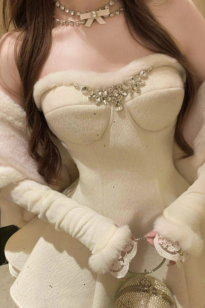 French off-the-shoulder dress + shawl + sleeves