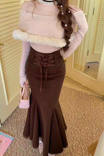 Elegant off-the-shoulder knit + mermaid skirt