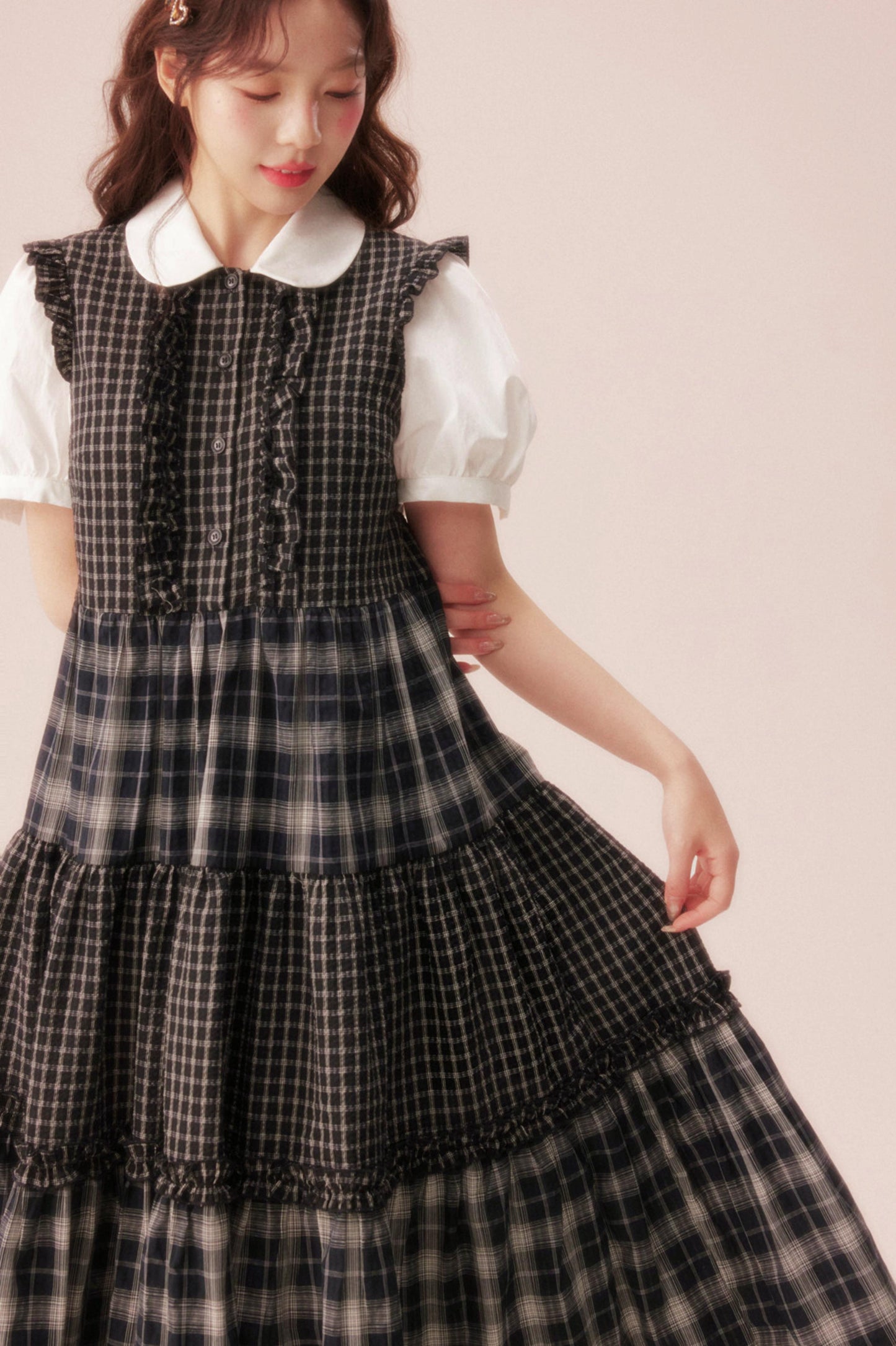 Black Plaid Patchwork Loose Shirt Dress
