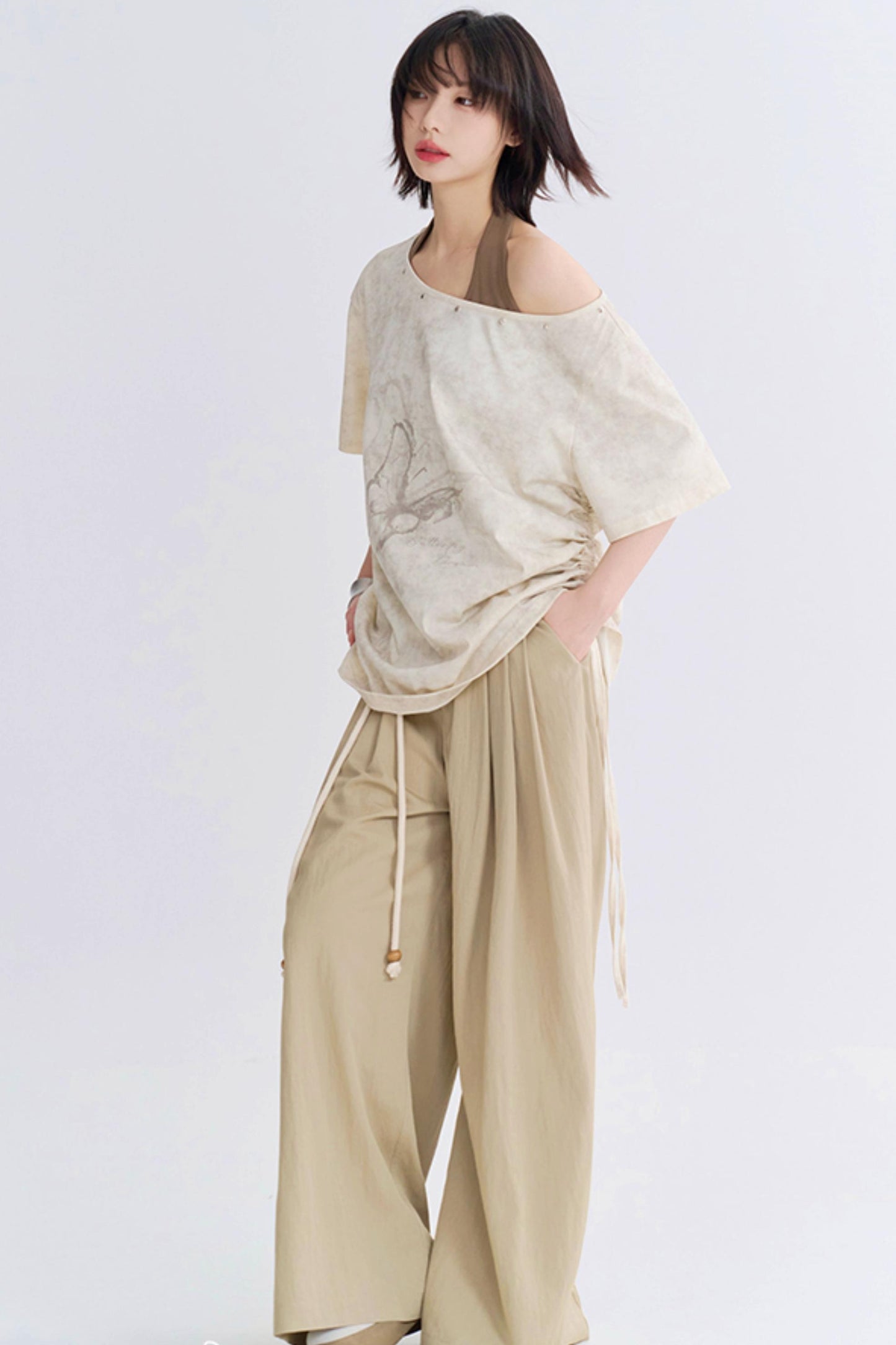 Wide Neck Butterfly Print Tee Shirt