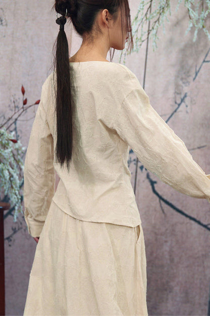 Ensemble élégant haut ample drapé en jacquard blanc cassé + jupe