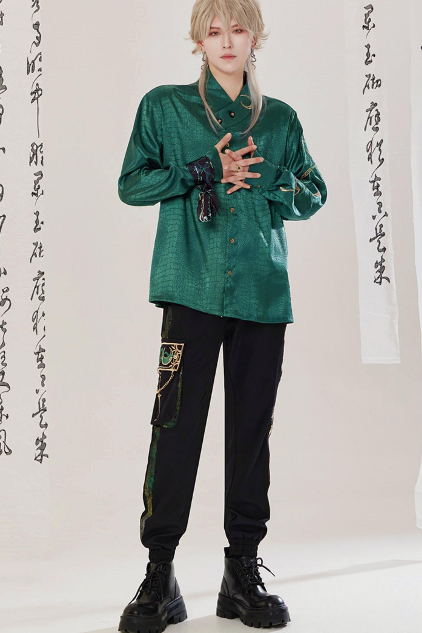 Jade Moon Dragon Embroidered Chinese Shirt + Moon Pocket Pants