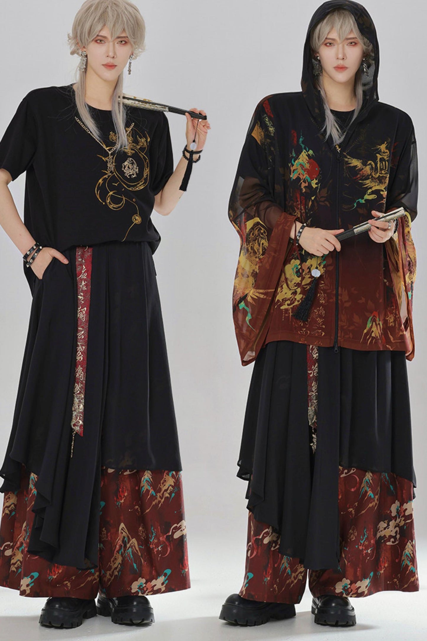 Gold Dragon Embroidered Choker Top (with Cups) + Chinese-Style Wide-Leg Pants