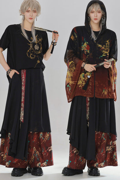 Gold Dragon Embroidered Choker Top (with Cups) + Chinese-Style Wide-Leg Pants