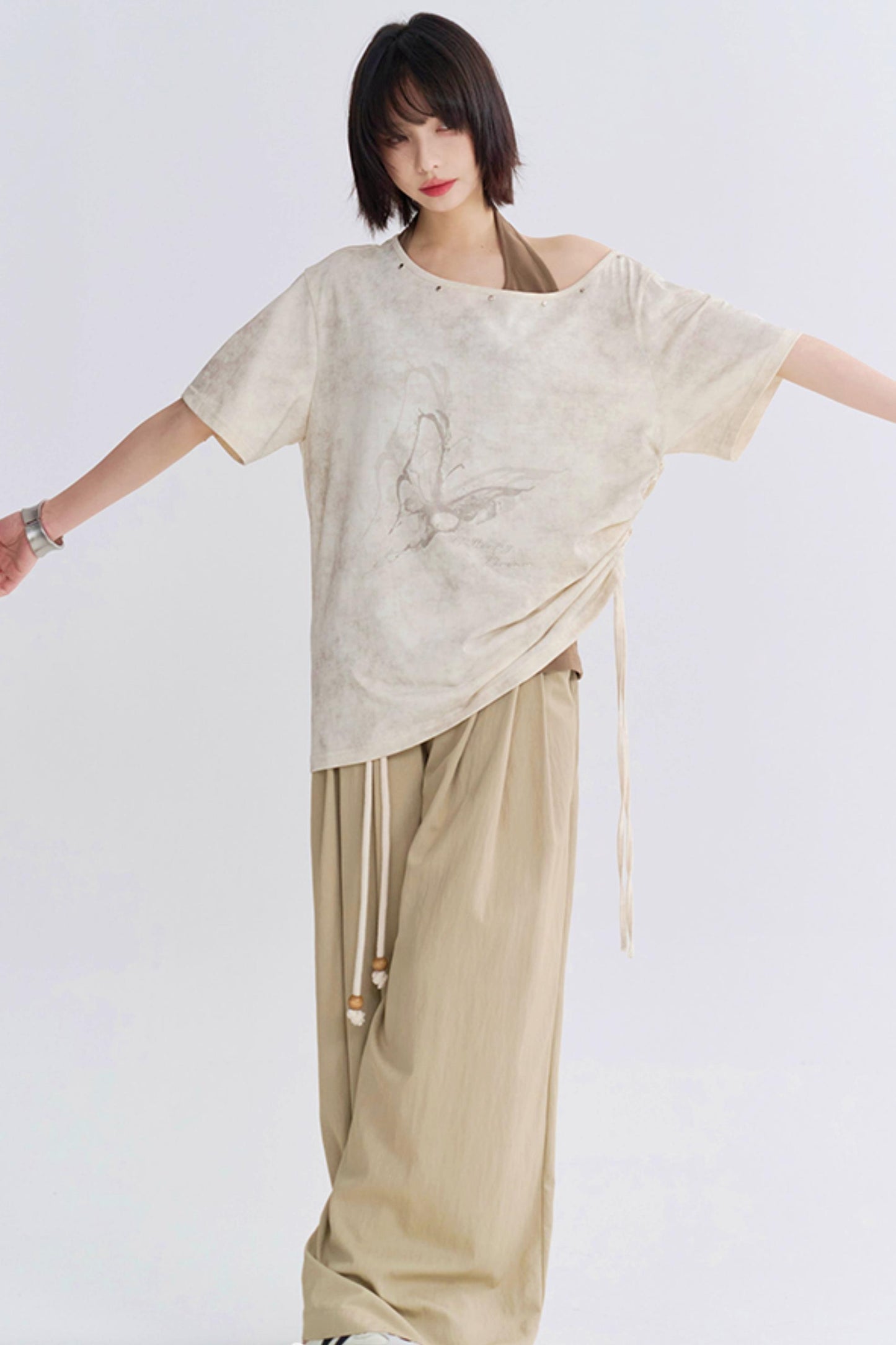 Wide Neck Butterfly Print Tee Shirt