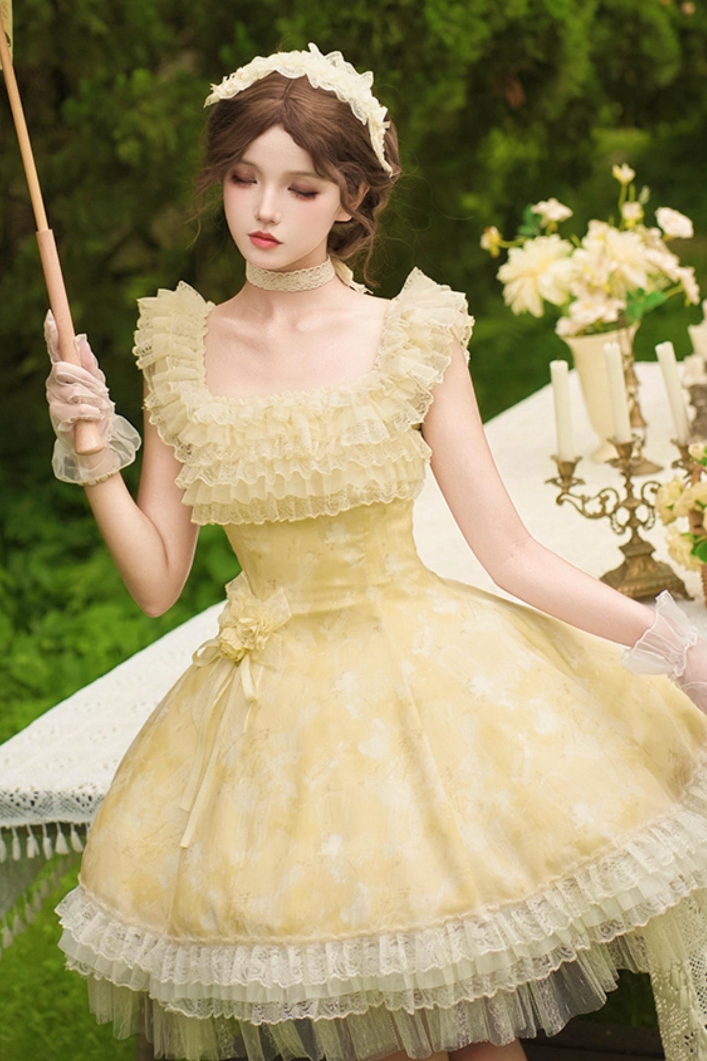 Romantic flower Lolita dress + jumper skirt + cardigan + hair accessories