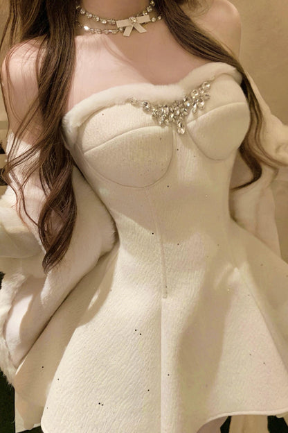 French off-the-shoulder dress + shawl + sleeves