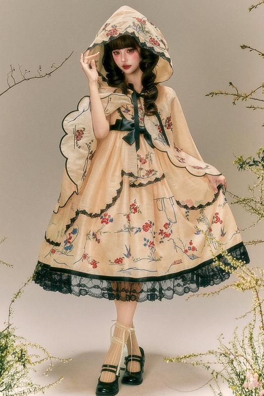 燕と花の和風クラシカルドレス+ケープ+ハット