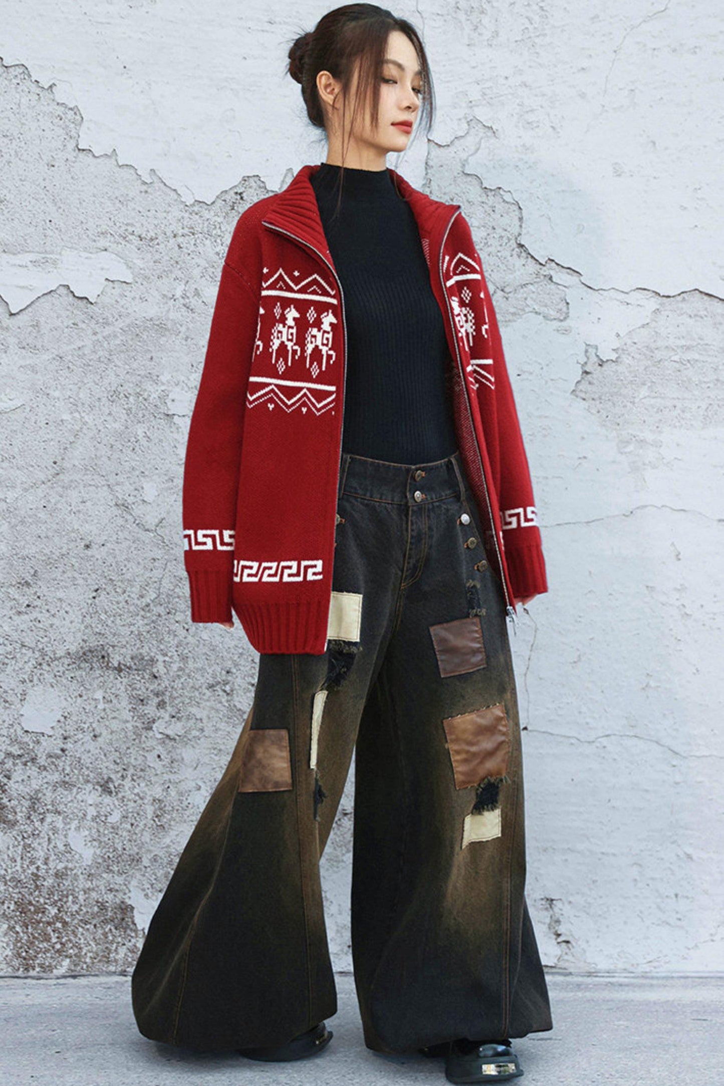 パッチワークワイドデニムパンツ