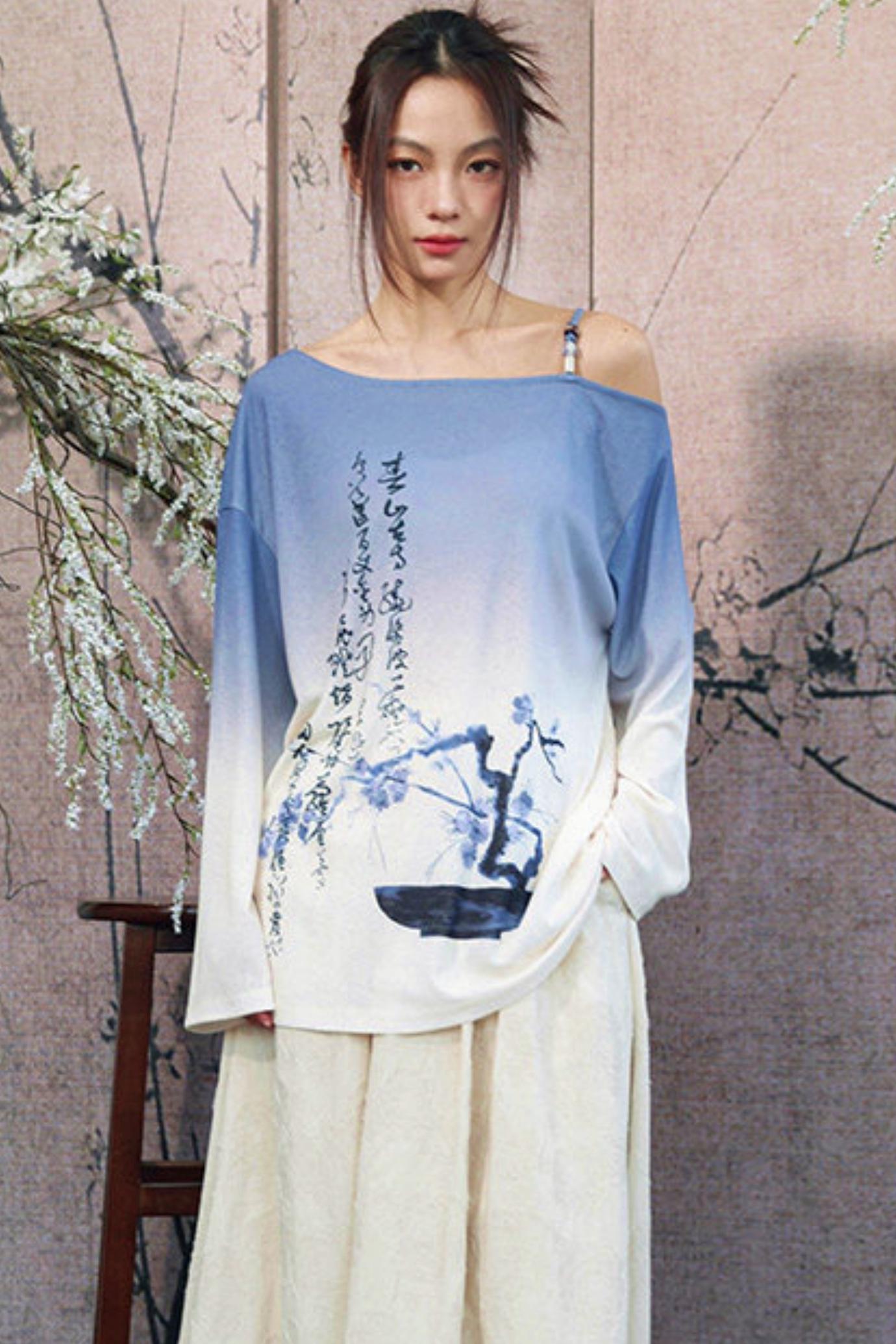 Ensemble élégant haut ample drapé en jacquard blanc cassé + jupe