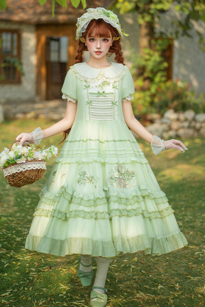 Green Embroidered Lolita One-Piece Dress + Cardigan + Hat + Belt + Accessories