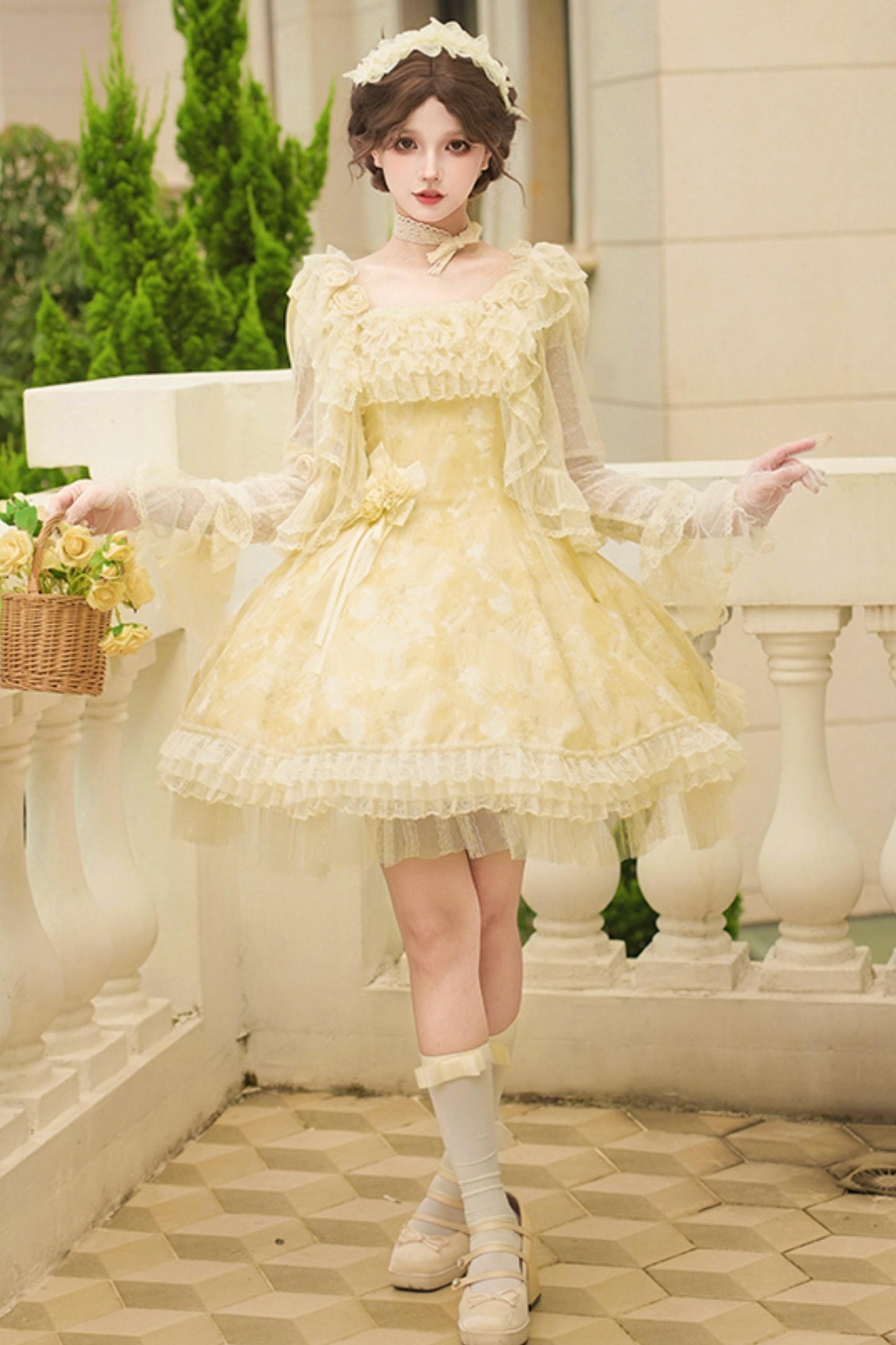 Romantic flower Lolita dress + jumper skirt + cardigan + hair accessories
