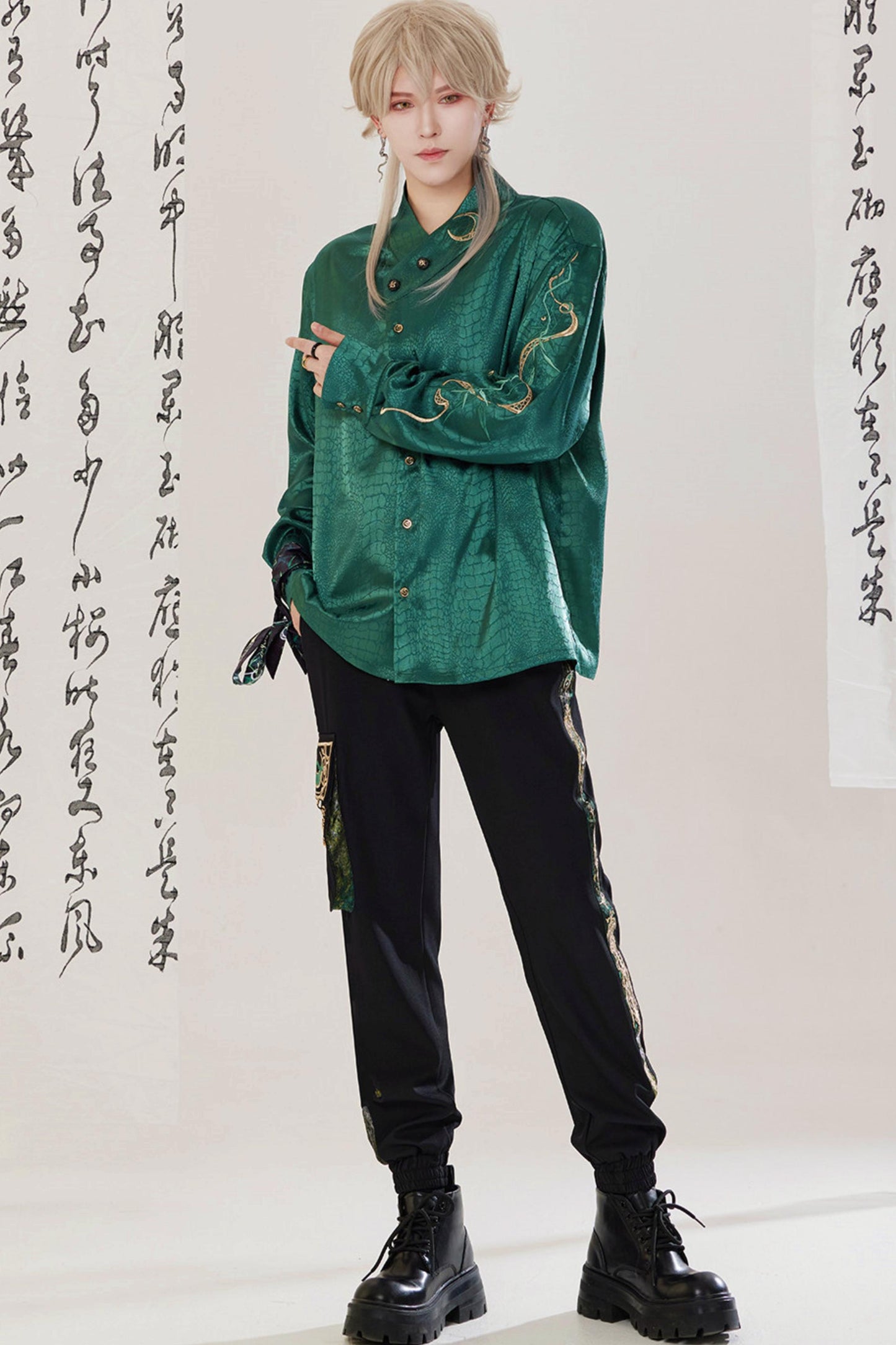 Jade Moon Dragon Embroidered Chinese Shirt + Moon Pocket Pants