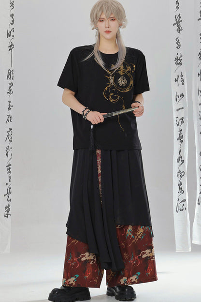 Gold Dragon Embroidered Choker Top (with Cups) + Chinese-Style Wide-Leg Pants