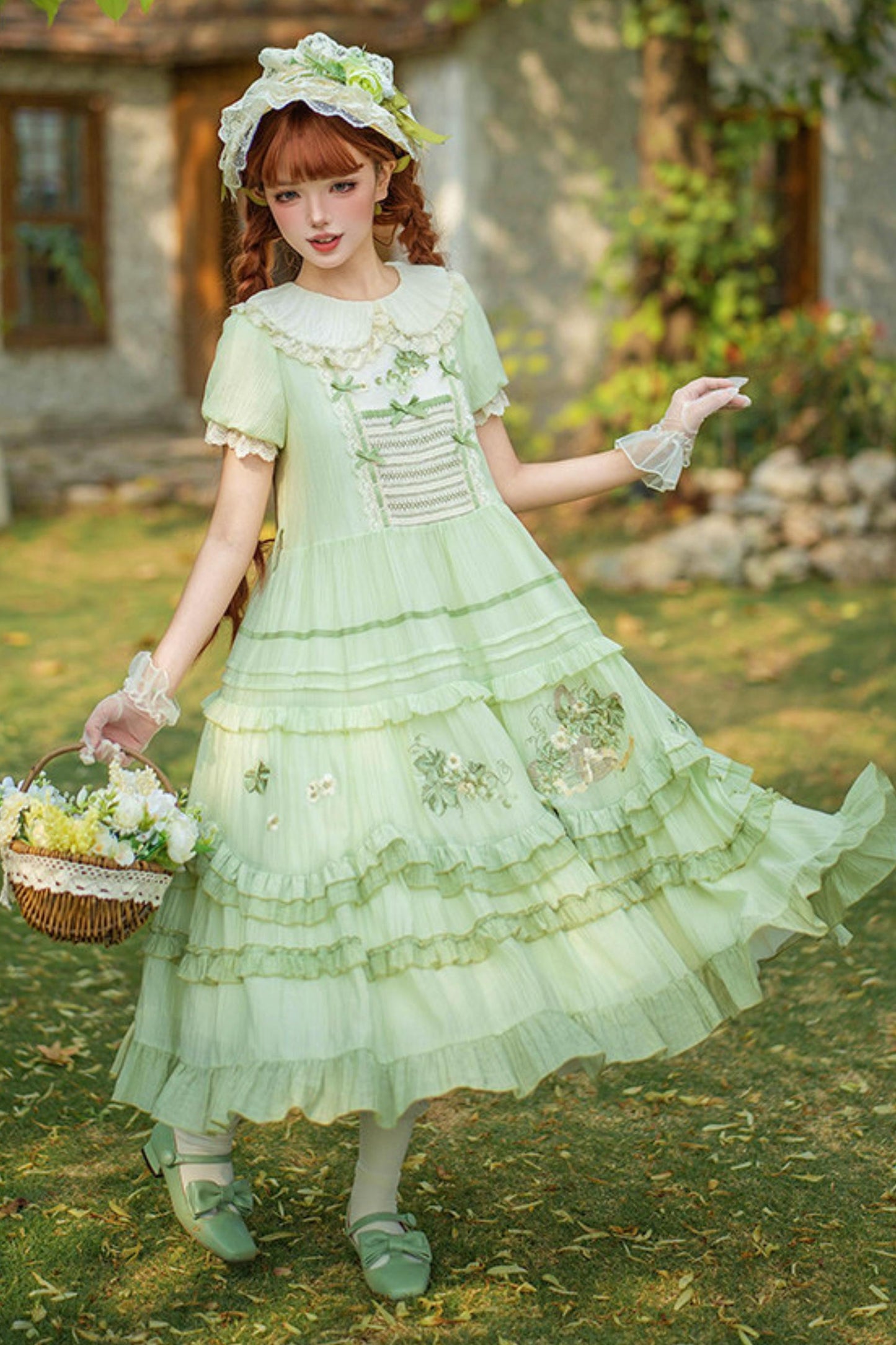 Green Embroidered Lolita One-Piece Dress + Cardigan + Hat + Belt + Accessories