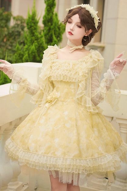 Romantic flower Lolita dress + jumper skirt + cardigan + hair accessories