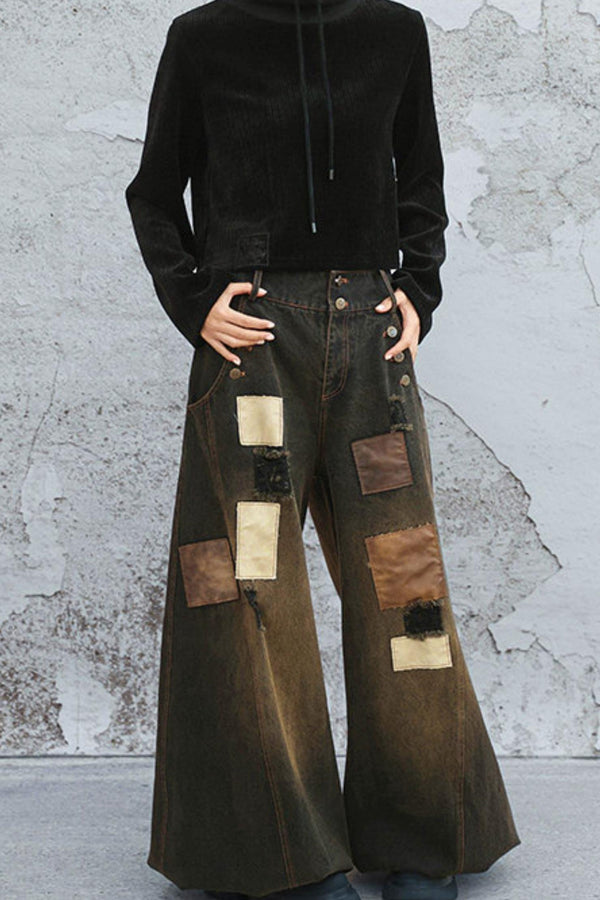 パッチワークワイドデニムパンツ